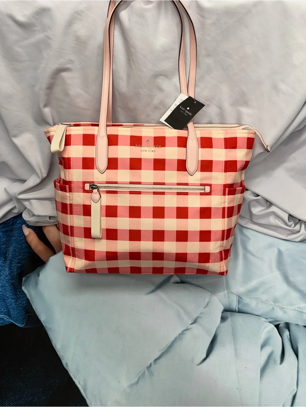 (new+tag) Kate Spade Large Gingham Tote Front Zip Pocket, Double Compartment